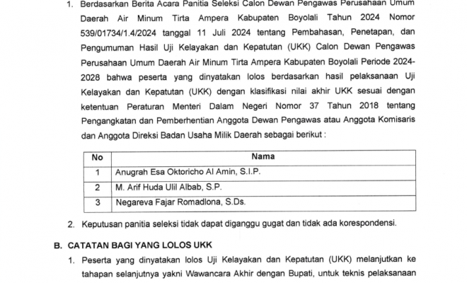 PENGUMUMAN HASIL UJI KEPATUTAN DAN KELAYAKAN (UKK) CALON DEWAN PENGAWAS PERUSAHAAN UMUM DAERAH AIR MINUM TIRTA AMPERA KABUPATEN BOYOLALI